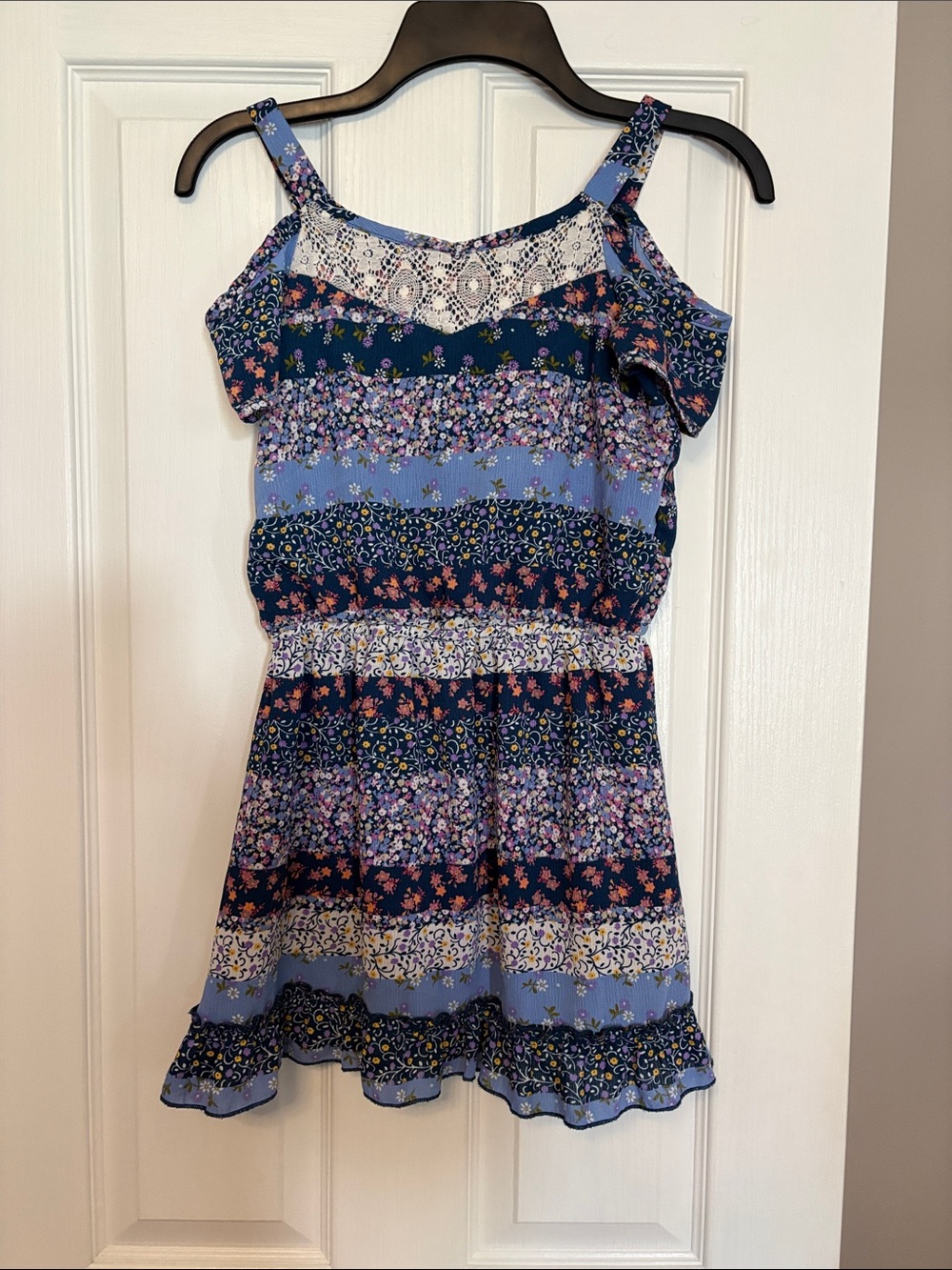 Girls Navy & Light Blue Floral Lace-Yoke Sundress